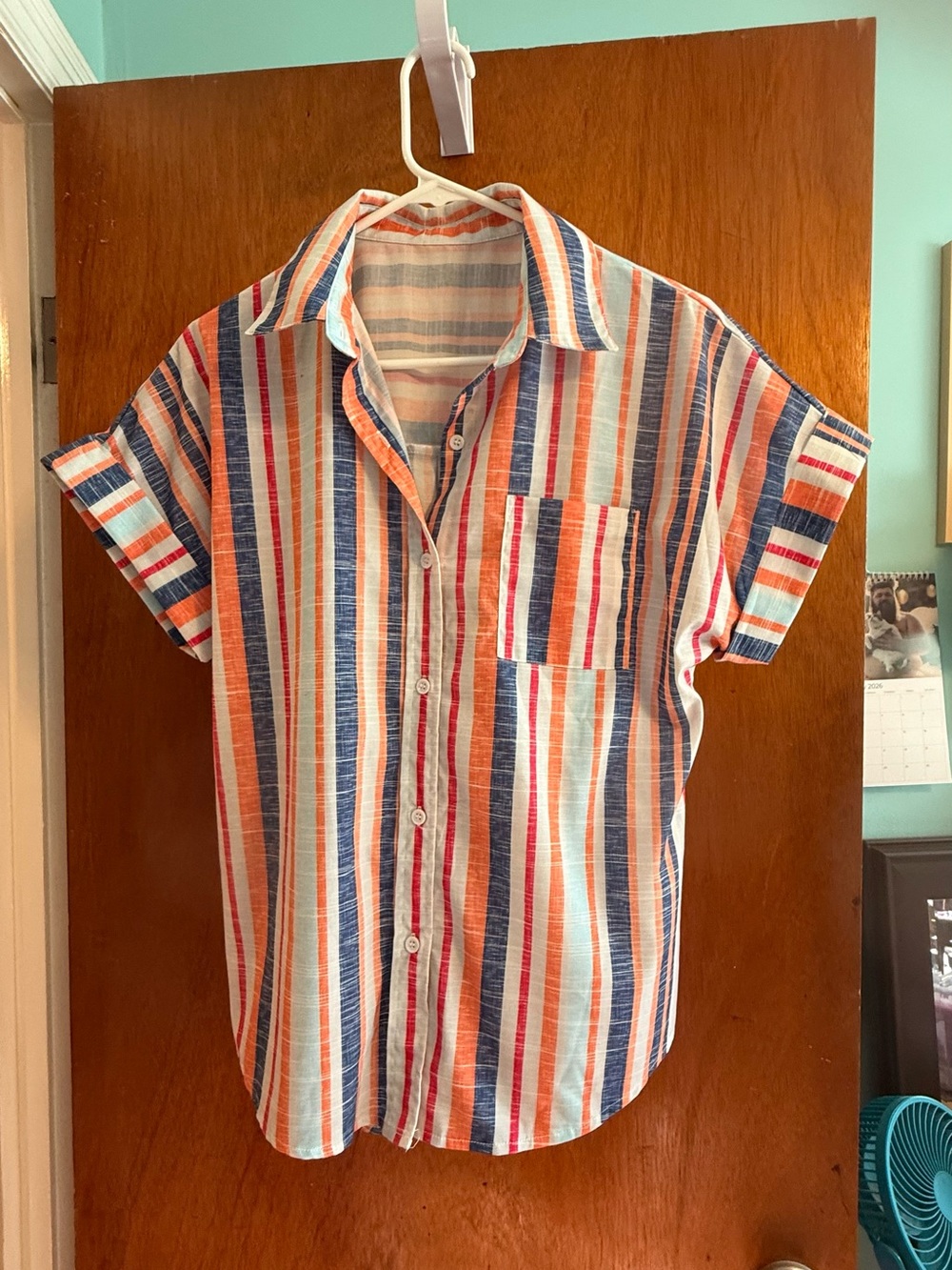 Unk Striped Short-Sleeve Button-Down Shirt in Blue, Orange & White